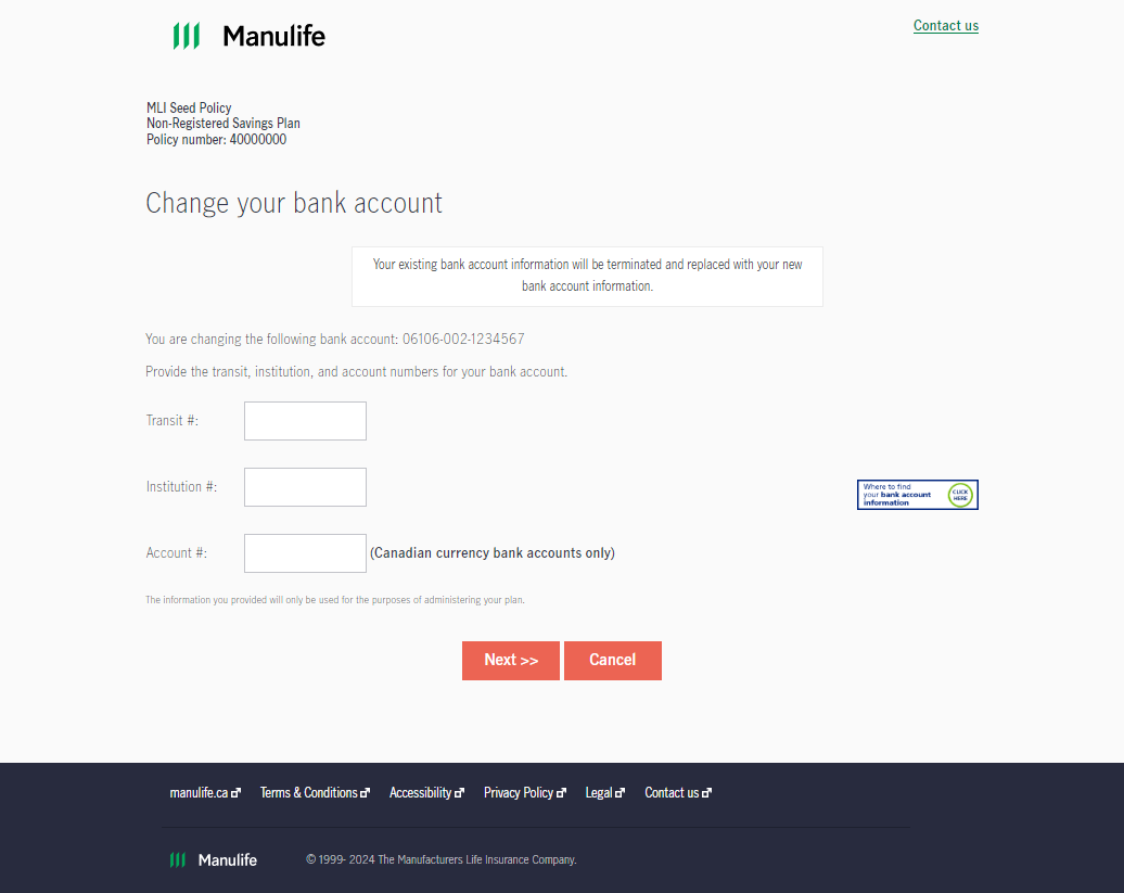 Enter bank account information on the sponsor secure site