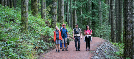 Four people are walking on a wooden trail, consisting of two couples.