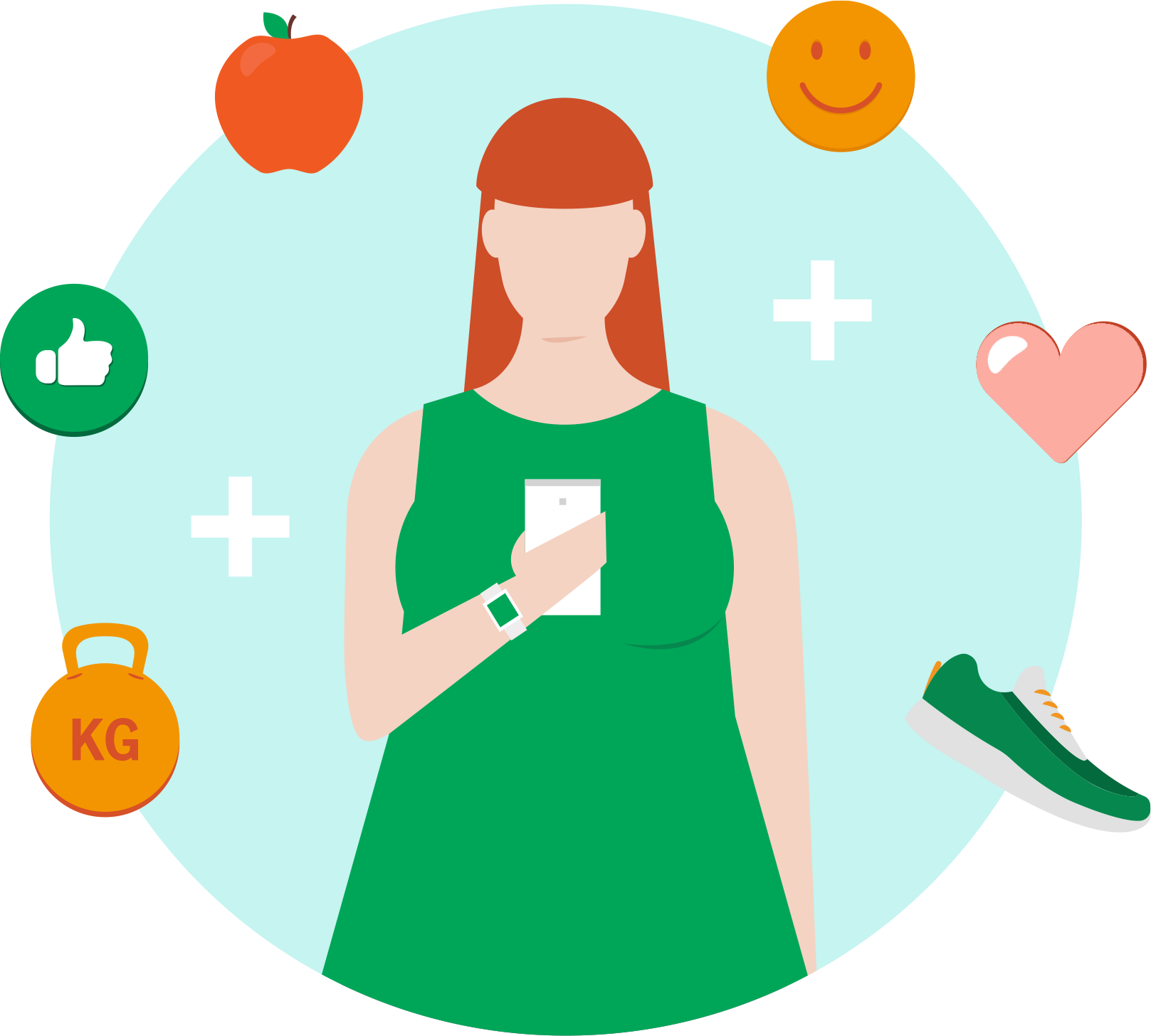 Graphic of person holding a mobile phone and surrounded by icons of a weight, thumbs up, apple, smiley face emoji, heart, and sneakers